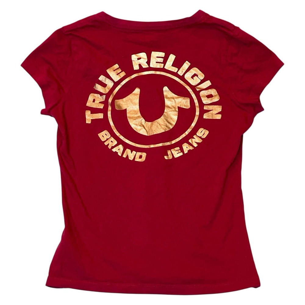 True Religion V-Neck Tee Women' S Red Gold Horseshoe Streetwear Western Grunge‎